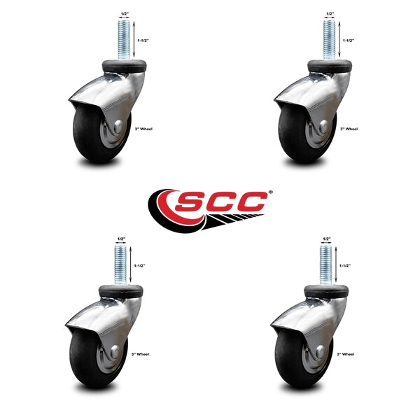 3 Inch Bright Chrome Hooded Neoprene Rubber 1/2 Inch Threaded Stem Casters, 4PK